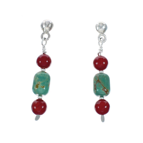 Navajo Sterling Silver Turquoise And Coral Bead Post Dangle Earrings X10355
